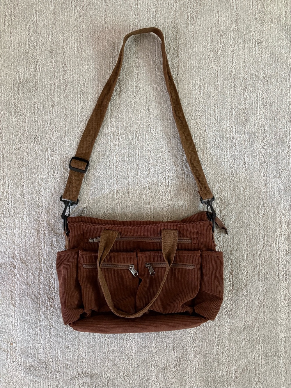 Brown Corduroy Multi Pocket Tote Bag Crossbody School Travel Messenger Utility